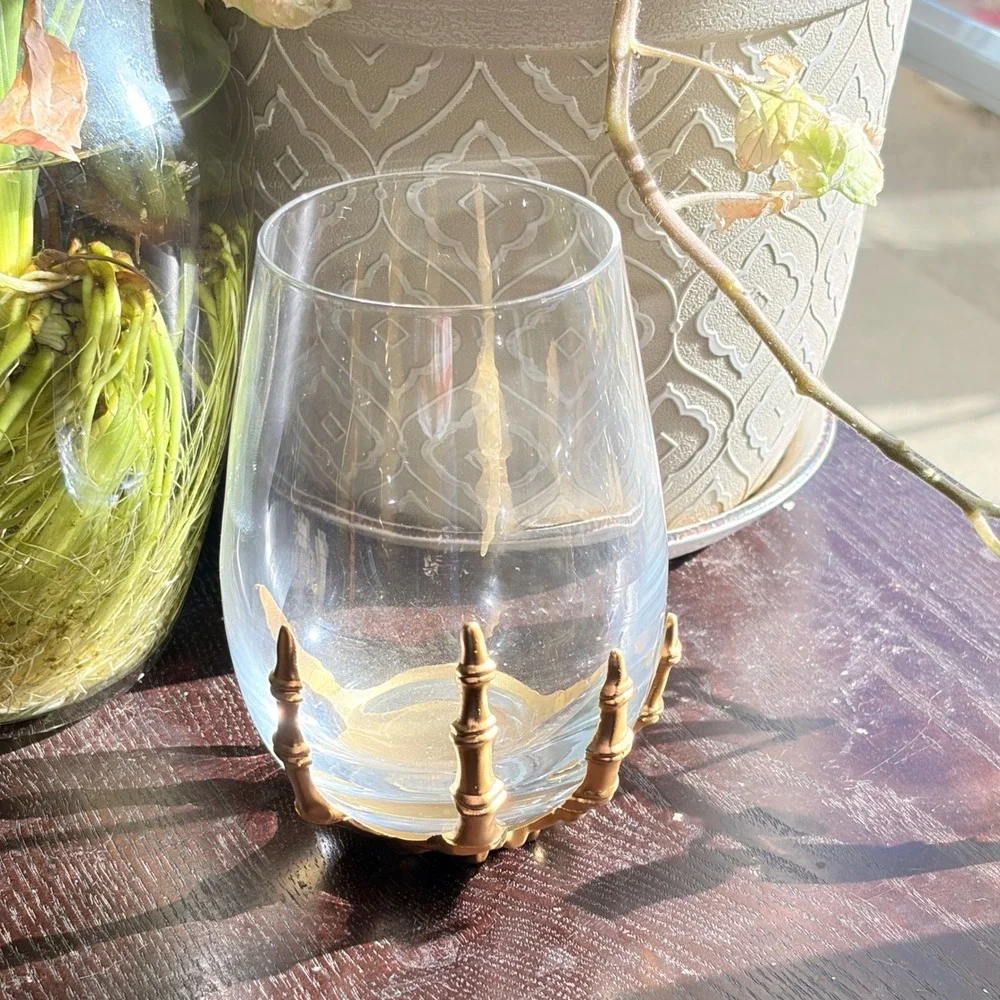 Pottery Barn Brass Skeleton Hand Stemless Wine Glass Halloween Gothic Fast Ship